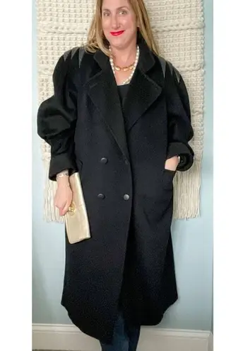 Vintage 80s 100% wool leather shoulder double breasted long over coat size XXL Black