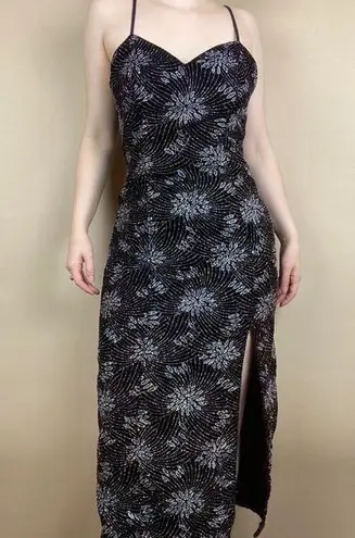 Elegant Classy Size 6 Floral Sequin Thigh Slit Maxi Dress Retro Shimmer Sparkle Black