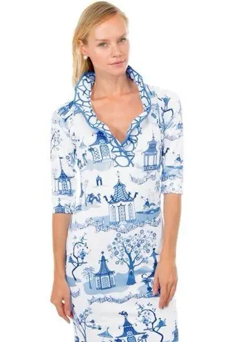 Gretchen Scott Ruff Neck Dress Pagoda Paradise Pattern XXS Blue