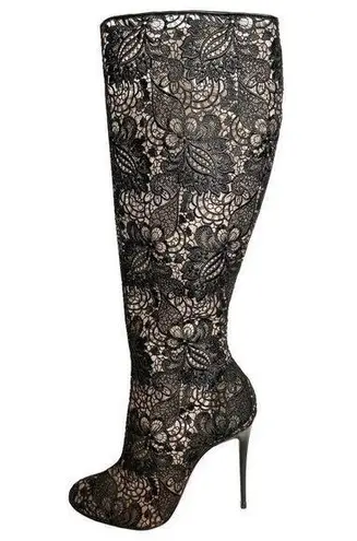 Christian Louboutin  Tennissima 100 Black Guipure Lace Mesh Tall Knee High Boots