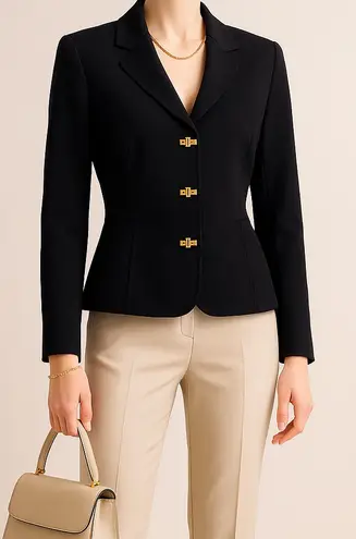 Reba Black Blazer Gold Turn-Lock Peplum Hem Quiet Luxury Money Classic Workwear