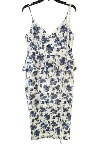 En Saison A Sight To See Peplum Midi Dress Womens L Navy Blue Floral Jacquard White Size L