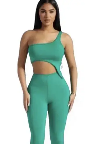 Naked Wardrobe  Crop Top One Shoulder Asymmetrical Green Stretchy Knit Large NWT