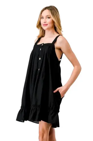 New In Button-Up Sleeveless Ruffle Flare Hem Mini Dress Black Linen/Rayon Casual - Image 12