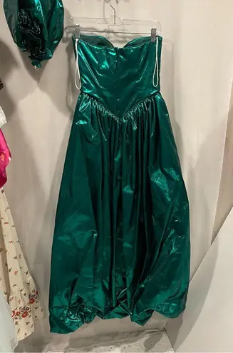 Vintage 80’s Emerald metallic bubble hem strapless sweetheart dress puff sleeve Green Size XS