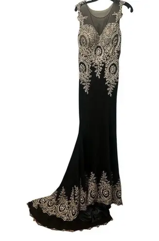 Shail K Rhinestone Mesh Black Gold Evening Gown W/ Train Size 10 Prom