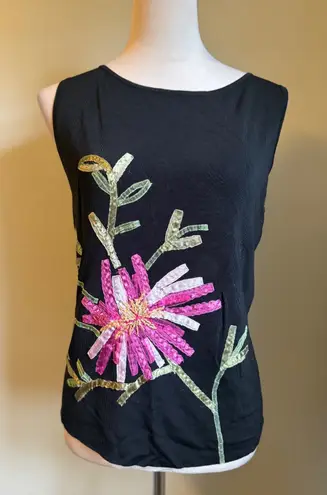 SwEATERWORKS Black Floral Applique Tank Top L boho whimsigothfiry Y2K pink Size L