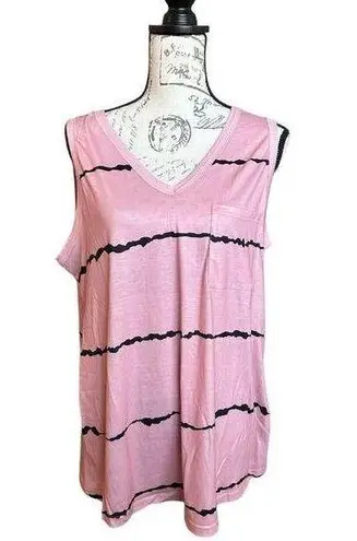 Bloomchic New Pink Black Striped Print Pocket V-neck Tank Top 1X Plus 14/16