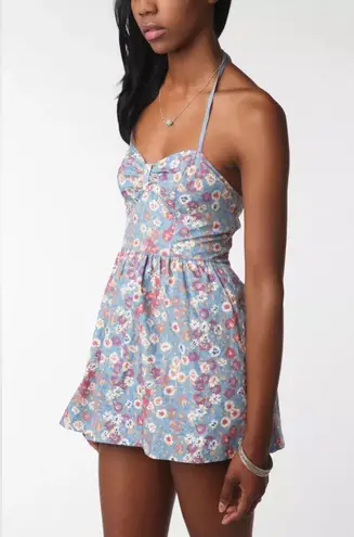 Urban Outfitters Pins and Needles Halter Skirted Romper Blue Floral Summer Large