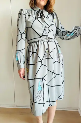 Vintage 80s Day Dress Size Med Grey Graphic Print Midi Length Office Made USA Gray