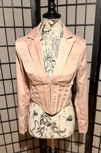 Milk and Honey pink corset satin-backed crepe Vneck long-sleeve blouse Crop Blazer