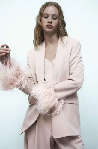 ZARA STRAIGHT BLAZER WITH FEATHERS JACKET BEIGE PINK. Size medium