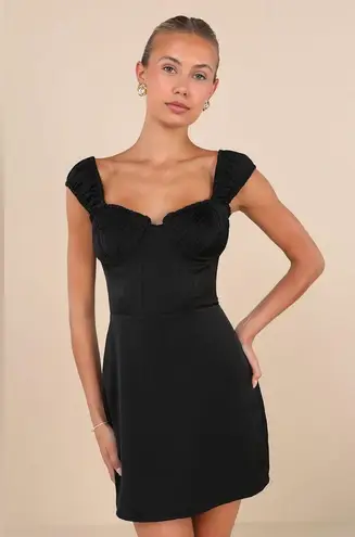 Lulus Perfected Aesthetic Black Satin Ruffled Bustier Mini Dress Size S