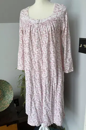 Eileen West Pink Floral Print Cotton Knit Long Sleeve Nightgown Size Small