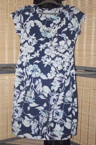 Soft Surroundings Soft Surrounding Blue Floral Cap Slv Faux Wrap Knit Dress