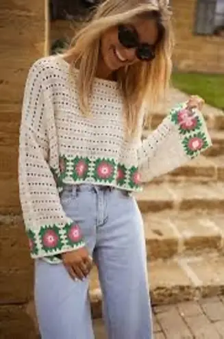 Sincerely Jules White Green Square Granny Knitted Cottagecore Crop Sweater XL