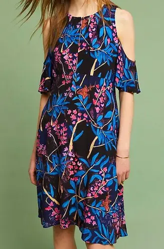 Maeve Anthropologie Elia Tropical Floral Open Shoulder Flutter Sleeve Dr…