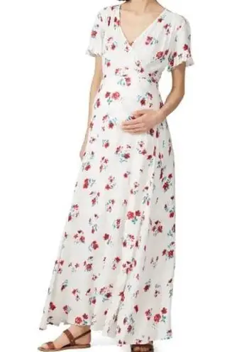 Gebe Maternity White Red Floral Tie Waist Ruffle Sleeve Maxi Wrap Dress Size M