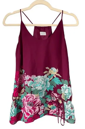 Oasis Floral Cami Top Silk Blend Drawstring Sleeveless Maroon Blouse