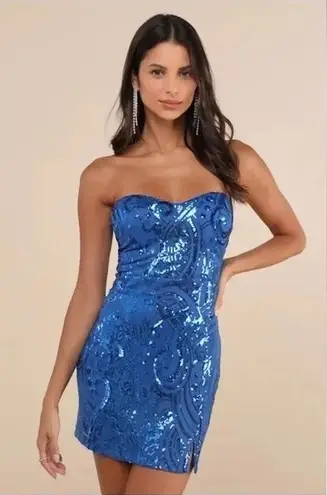 Lulus Glamorous Intrigue Royal Blue Sequin Strapless Mini Dress Size M Size M