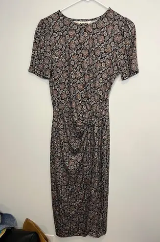 Boden Knot Front Short Sleeve Jersey Midi Dress Black Block Paisley Print Sz 4