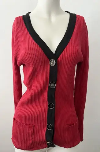 Babette Ballinger Sweater Size M Gothic Red Black Trim Button Front Ribbed Knit Size M