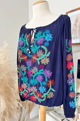 Soft Surroundings Emanuella Embroidered Flower Top Size M Navy Blue Bohemian