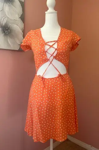 Flynn Skye peach polka dot balletcore ruffle short sleeve cutout mini NWT SZ SM