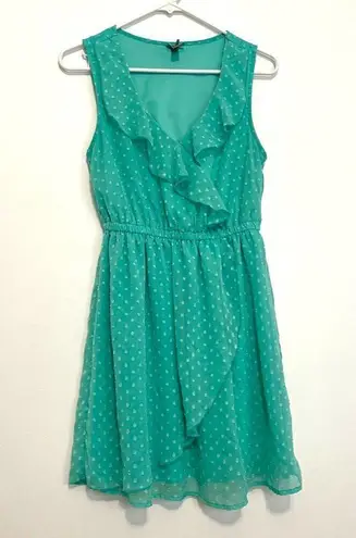 VANITY Aqua Seafoam Green Blue Swiss Dot Textured Mini Surplice Faux Wrap Dress Size M
