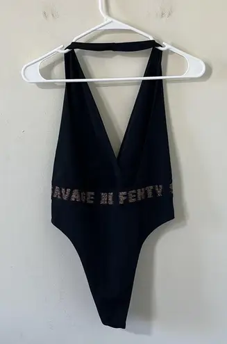 Savage X Fenty Rose Gold Logo Halter Plunge Bodysuit Black Caviar Size M