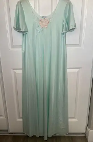 Lorraine Vintage Nightgown Medium Blue Green Floral Applique Short Sleeve