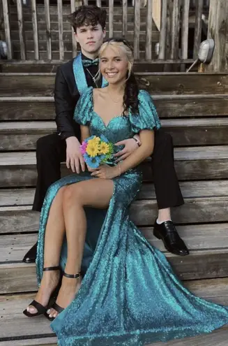 Teal Sequin Prom Dress Size 2