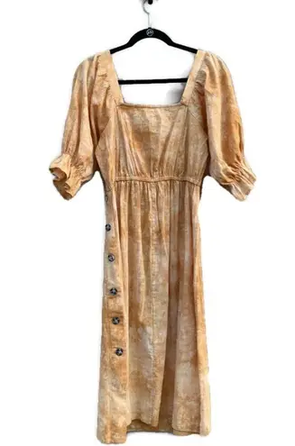 Ava James  Puff Sleeve Cotton Tie Dye Gold Midi Dress Medium