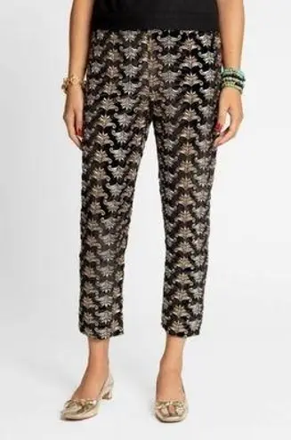 Frances Valentine Black Velvet Gold & Silver Filigree Embroidered Pants, Size 6
