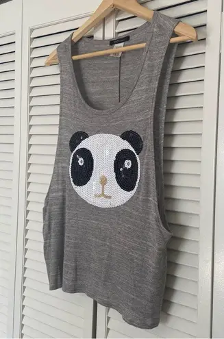 Cozy Casual Embellished Sequin Panda Heather Grey Muscle Tank S Small