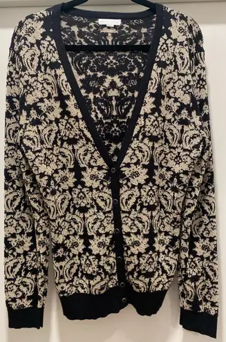 New York And Company Button-Down Black & Gold Metallic Floral Sweater Cardigan XL