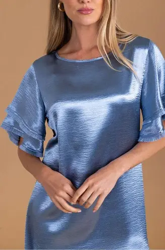 S'EDGE Easton Dress Metallic Blue Sateen Size Small NWT Tiered Short Sleeves