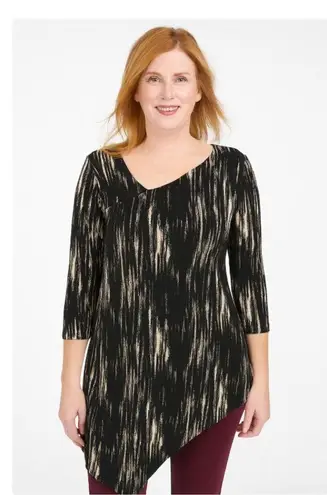 Sympli Shirt Womens Large Black White Asymmetrical Hem Tunic 3/4 Sleeve Abstract