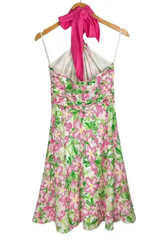 Lilly Pulitzer  Floral Midi Dress Sz 2 Cotton Silk Blend Halter Neck Bow Tie Back
