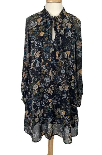 Moon River Mini Dress Tie Bow Neck Navy Allover Floral Print Womens Medium