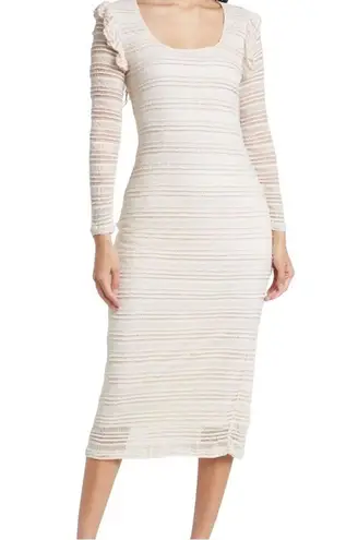 dRA Los Angeles Cream Beige Crochet Striped Midi Dress Ruffle Sleeves Large Tan
