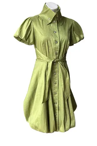 Frank Lyman Design Celery Green Bubble Hem Puff Sleeve Button Down Belted Dress Size 6