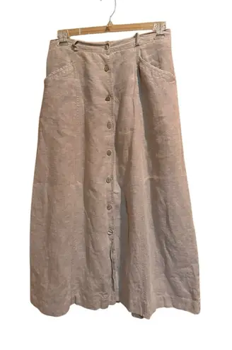 Vintage L.L. Bean Linen Maxi Skirt Button Front Tan Neutral Boho Size 12 USA Brown