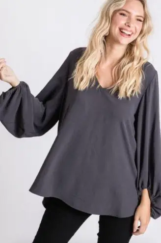 JODIFL  Charcoal Long Sleeve V-Neck Top W/ Bubble Sleeves Gray Size Small