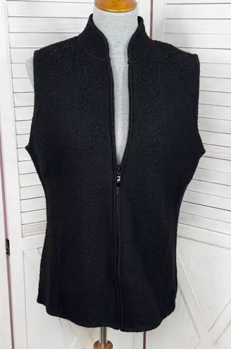 Alfred Dunner Embroidered Beaded Full Zip Mock Neck Boucle Wool Vest Black Small
