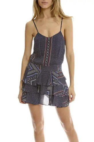 Derek Lam 10 Crosby Silk Slip Dress With Ruffle Skirt Southwest Abstract Print Blue