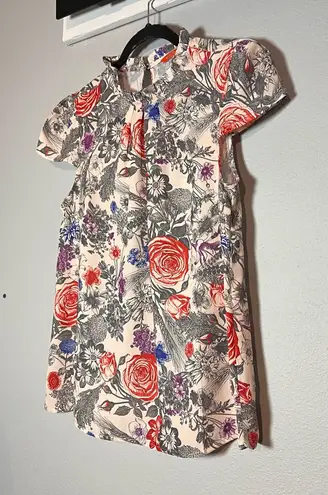 Modcloth  Blouse Floral Print Cream Cap Sleeve High Neck Short Sleeve Sz Medium