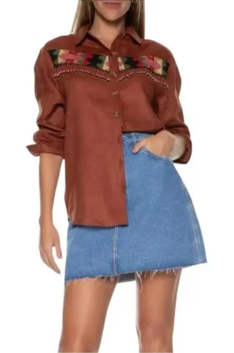 Farm Rio NWT Brown Beaded Fringe Oversized Button-Down Aztec Embroidered Shirt S