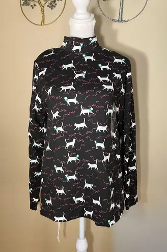 Karen Scott Black White Pink Kitty Cat Ribbon Print Mock Neck Top Medium