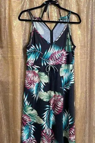 Huskary tropical luau black green and purple halter tie dress, size M Size M